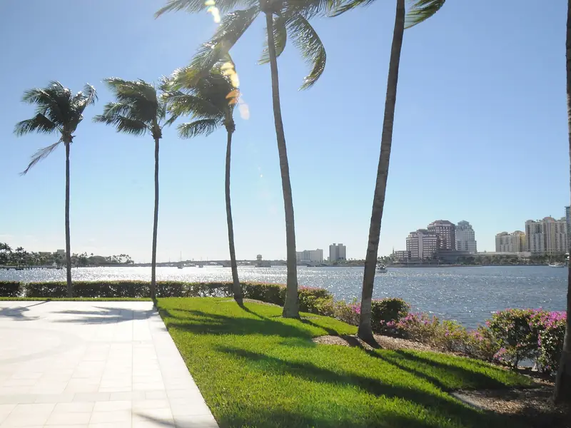 Waterfront walkway and palms beside the Intracoastal Waterway