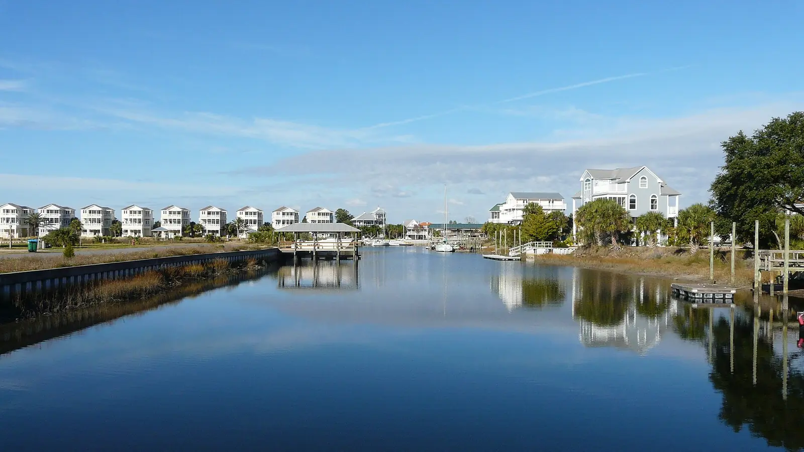 Residential canal lined with seawalls and docks in Florida